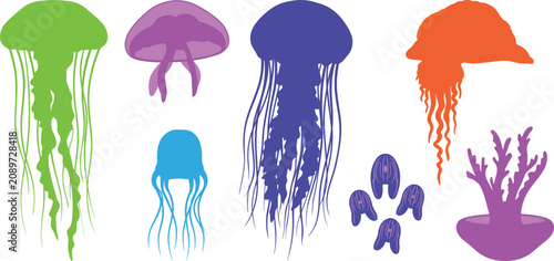Foto Jellyfish silhouette vector set featuring colorful marine animal shapes and cora