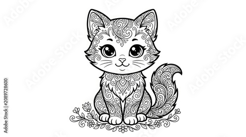 Intricate kitten colouring page detailed floral design for adults and children