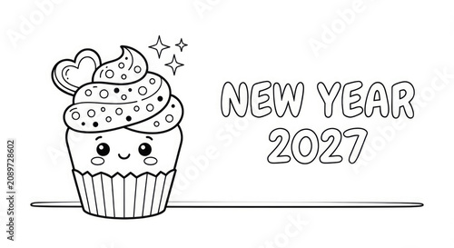 New year 2027 cupcake colouring page kawaii dessert line art for kids and adults
