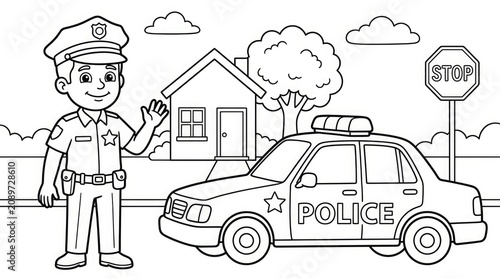 Police officer and car colouring page educational activity for kids and toddlers