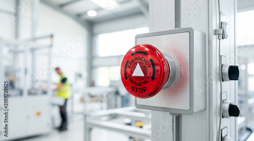 Emergency red push button in factory for safety and alarm system  