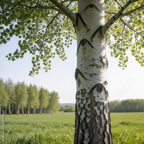Birch tree trunk with white bark and green foliage in sunny meadow