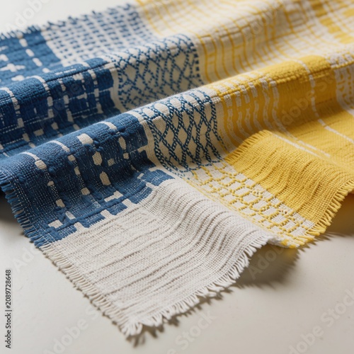 Blue and yellow woven fabric textile with intricate geometric