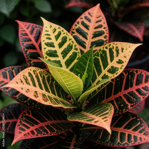 Codiaeum variegatum croton plant with variegated leaves in red