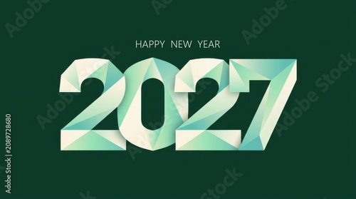 Geometric stylized 2027 text on dark green background, Happy New Year celebration graphic, holiday greeting card or digital banner asset