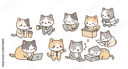 Kawaii Business Cat Office Work Set Cute Feline Employee Characters Vector