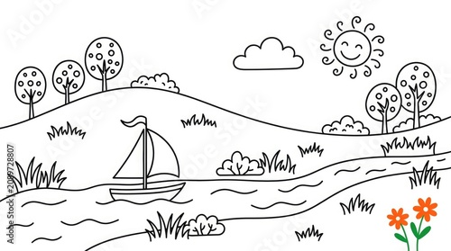 Scenic landscape colouring page sailboat sun trees and flowers for kids and adults