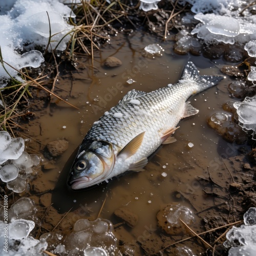 Freshwater fish caught on icy muddy bank in winter season, survival