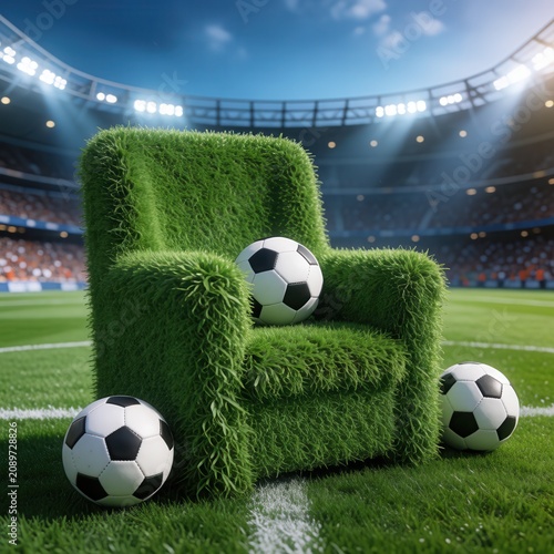 grass covered armchair on soccer field with footballs, sports fan