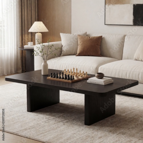 Modern living room interior with a dark wooden coffee table, chess