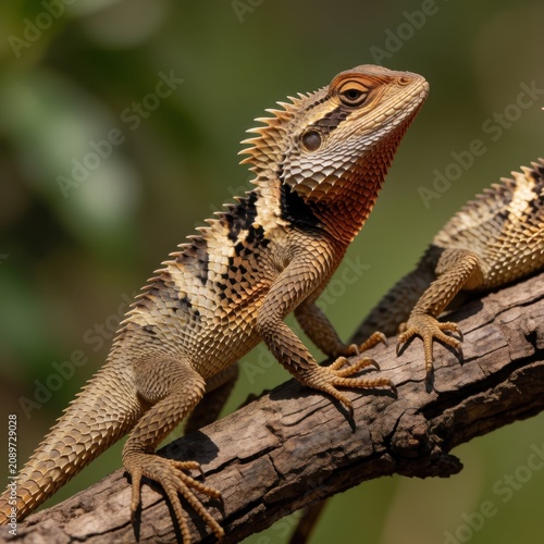 Oriental garden lizard perched on a rustic branch, detailed scales