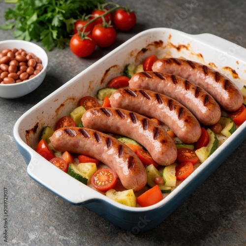 Roasted sausages with grilled vegetables and tomatoes in blue ceramic
