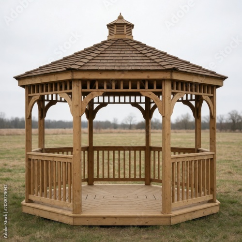 Rustic wooden gazebo standing in an open field, park architecture