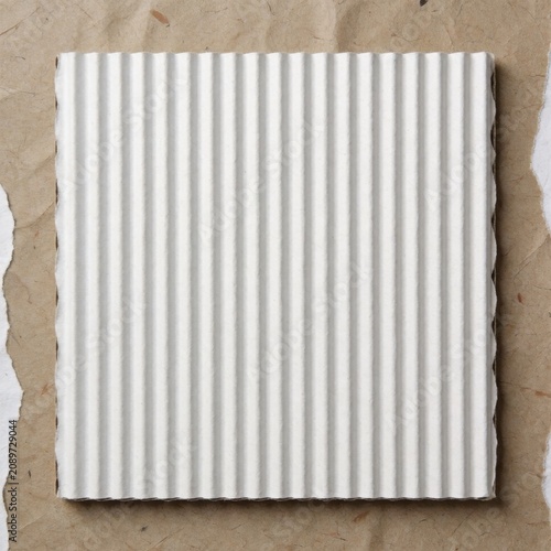 Square piece of white corrugated cardboard with vertical grooves on