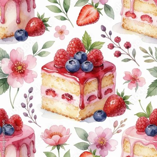 Seamless pattern with watercolor sponge cakes, strawberries