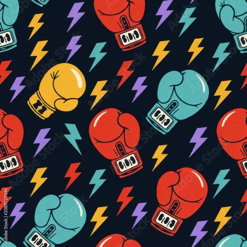 Seamless pattern with colorful pixel art boxing gloves and lightning