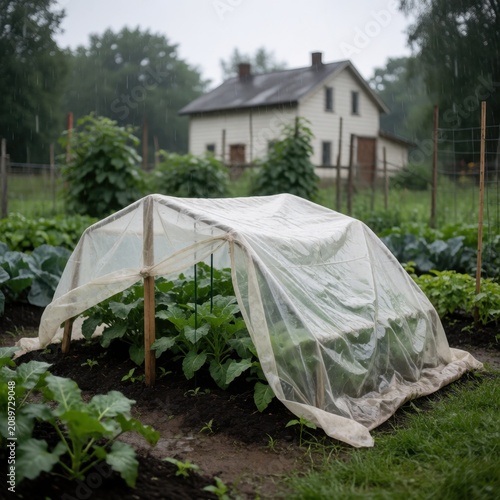 Vegetable garden patch with protective mesh netting against rain