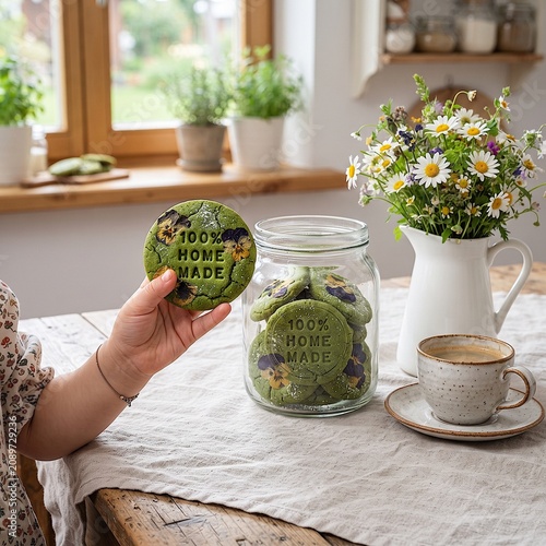 Homemade Green Cookies in Rustic Kitchen With Child Hand