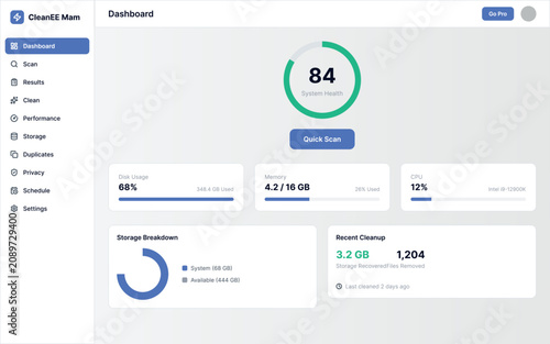 System Cleaner Dashboard Desktop Application Interface with PC Health Monitoring, Storage Analytics and Performance Overview