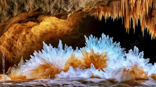 Stunning Natural Crystallized Formation in Cave with Illuminated Blue and Orange Colors