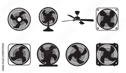 Foto Detailed ventilation fan and ceiling fan icons set with realistic grille and blade shapes