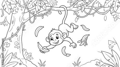 Monkey swinging on vines colouring page fun jungle animal activity for kids and adults