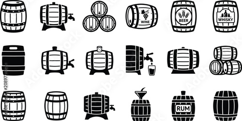 A comprehensive collection of diverse black and white wooden barrel icons representing various types of alcoholic beverages and industrial storage solutions for drinks