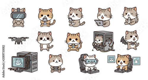Cute Tech Cats and Gaming Kittens Kawaii Vector Sticker Set