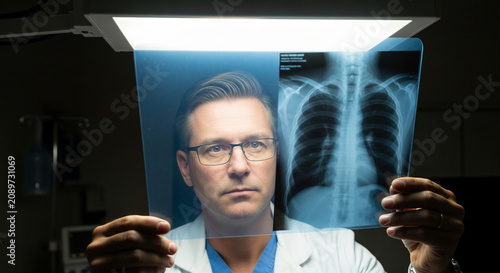 Doctor examines chest xray, modern medical diagnostics, close-up, glowing light