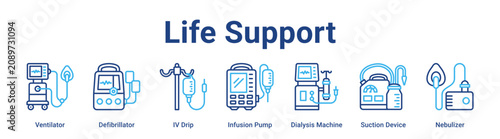Life Support web banner icon vector illustration concept for business with icon of Ventilator, Defibrillator, IV Drip, Infusion Pump, Dialysis Machine, Suction.