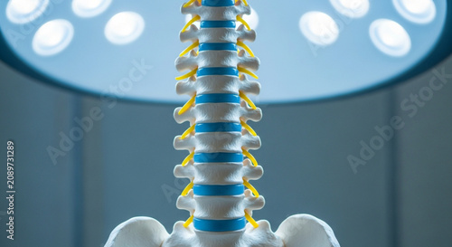 Human Spine Anatomy Model with Blue and Yellow Accents Under Medical Lights