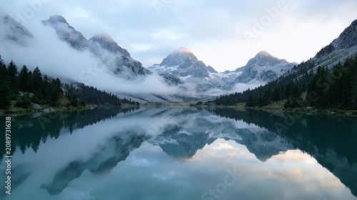 Drone Glides over Alpine Lake Reflecting Misty Mountains Tranquil Nature Scene