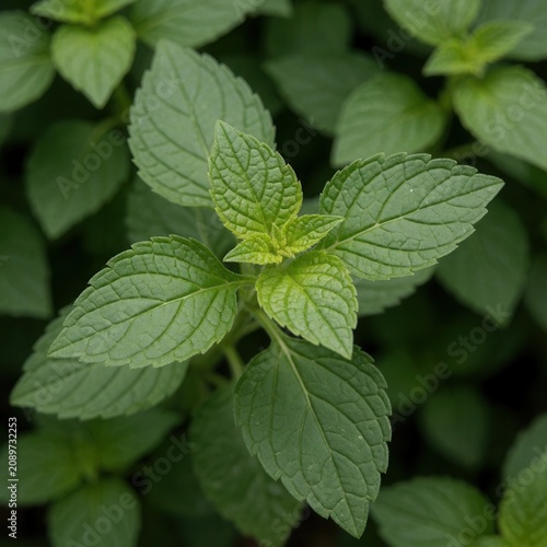 Fresh green mint leaves growing in organic garden, healthy herb