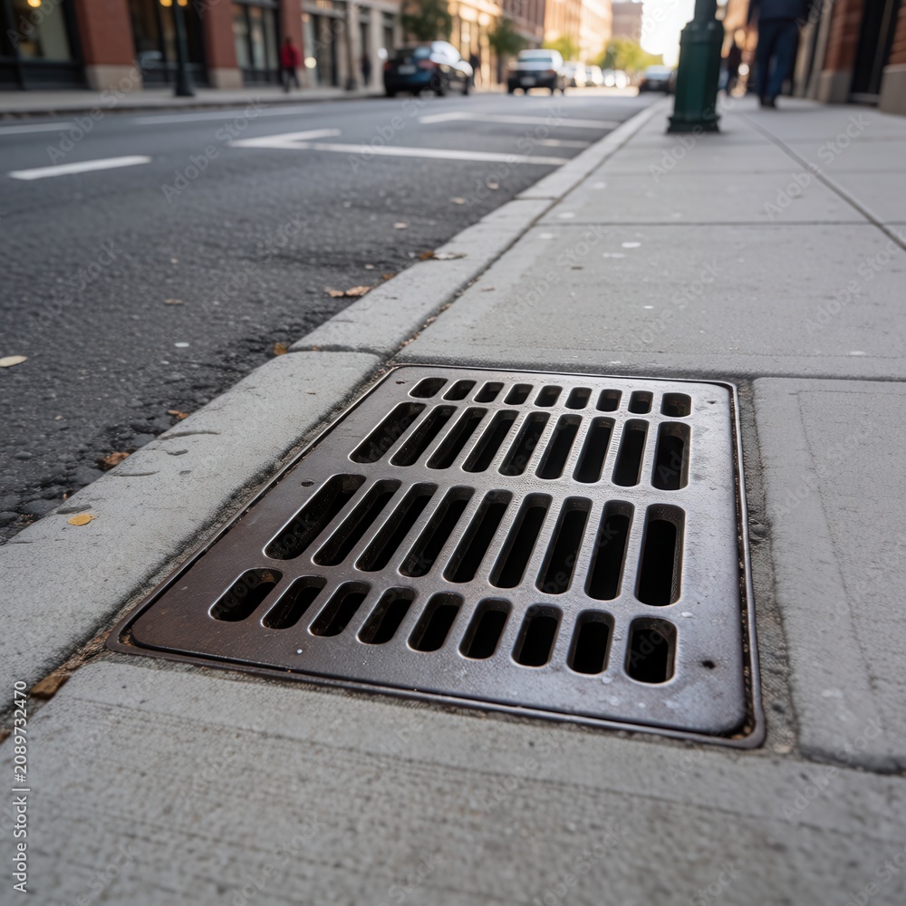Fototapeta premium Metal storm drain grate on urban sidewalk, rainy street drainage