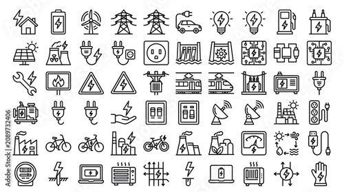 Electricity and energy line icons, set of 60 power industry vector symbols, renewable green energy and electrical infrastructure outline graphics