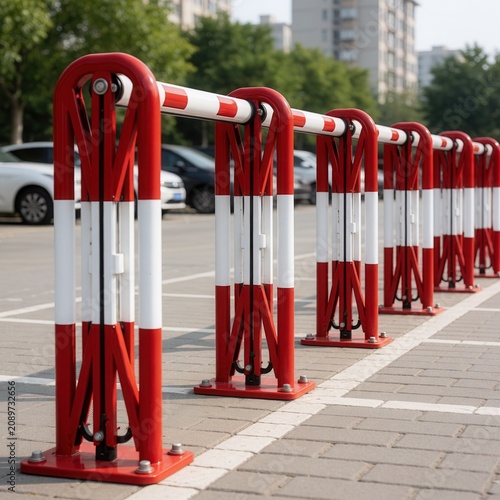 Red and white metal parking barriers on paved ground, traffic control