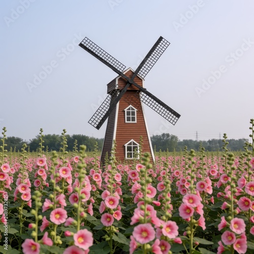 Rustic wooden windmill standing in a vast field of blooming pink