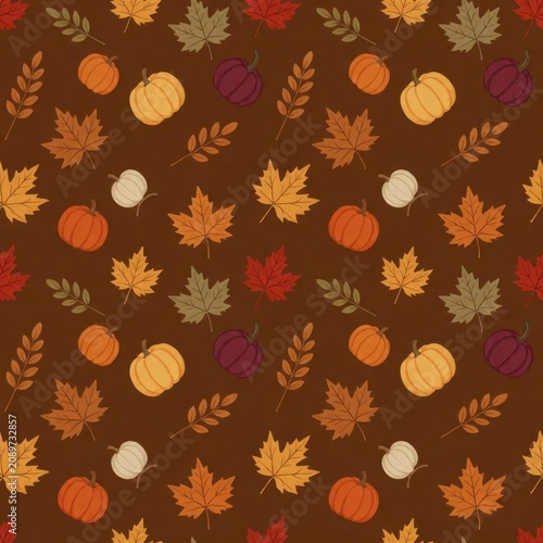 seamless autumn pattern featuring pixel art pumpkins and fall leaves