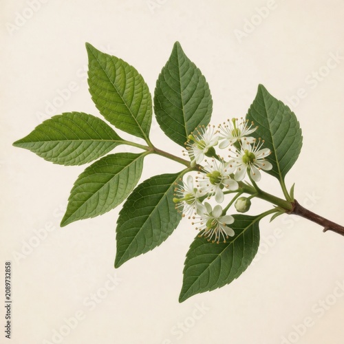 Isolated branch with serrated green leaves and white spring blossoms