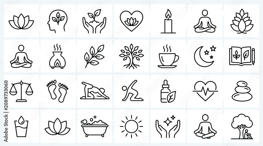 Fototapeta premium Minimalist wellness icon set, 28 yoga and meditation line icons, zen lifestyle vector symbols for spa and mental health branding