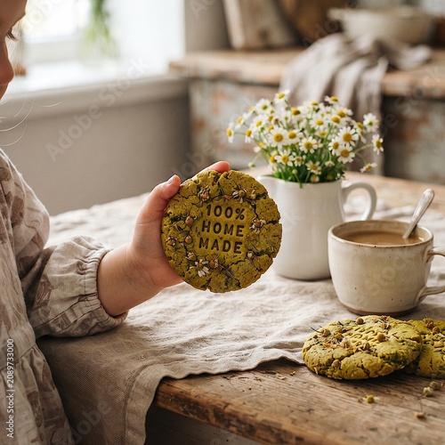 Homemade Green Cookies in Rustic Kitchen With Child Hand