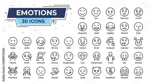 Bild auf Leinwand Minimalist emotions icon set with 30 line icons, expressive facial emoji collect