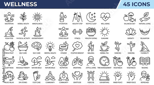 Cuadro en lienzo Wellness line icons set, 45 health and mindfulness vector symbols, black thin st