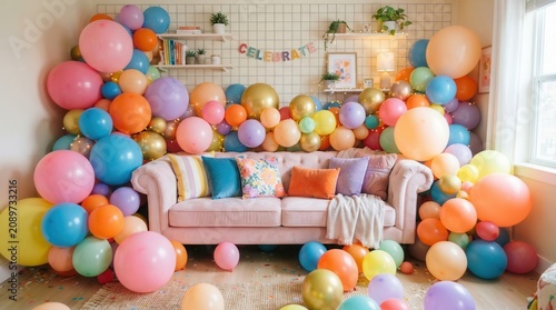 Colorful balloons filling a cozy living room with couch and shelves