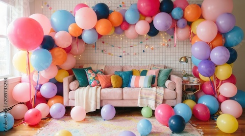 Colorful balloons filling a room with pink sofa and confetti