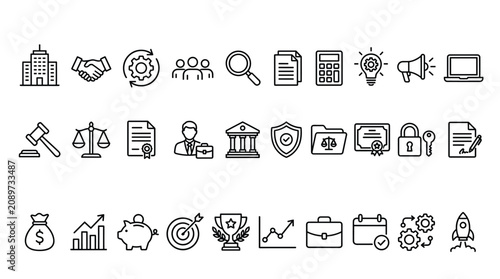 Minimalist business line icons set, professional corporate web elements vector, 30 thin outline symbols for finance and legal services