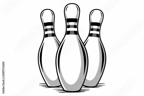 Vector illustration of three bowling pins standing upright in a triangular formation on a plain white background with black and white stripes
