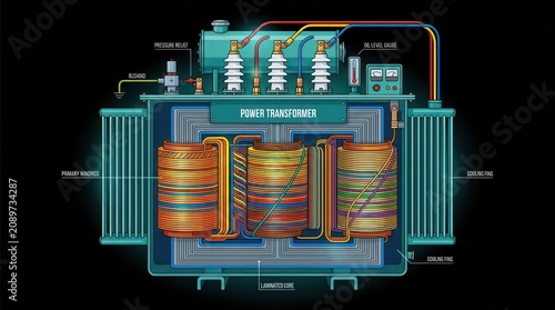 Illustration of power transformer with primary windings laminated core and cooling fins.
