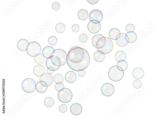 Group of shiny transparent soap bubbles floating in the air