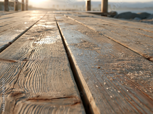 Sunlit whitewashed deck boards texture with sand specks